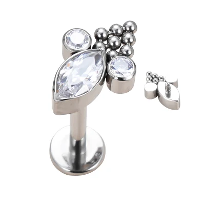 Gzn Wholesale Body Titanium Piercing Interno Roscado e Empurrado em Marquise CZ com Conjunto de Bolas Brinco Superior Jóias Labret